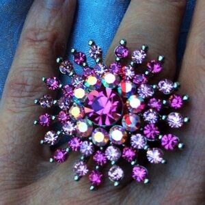 MidCentury Pink Crystal Cocktail Ring Adjustable